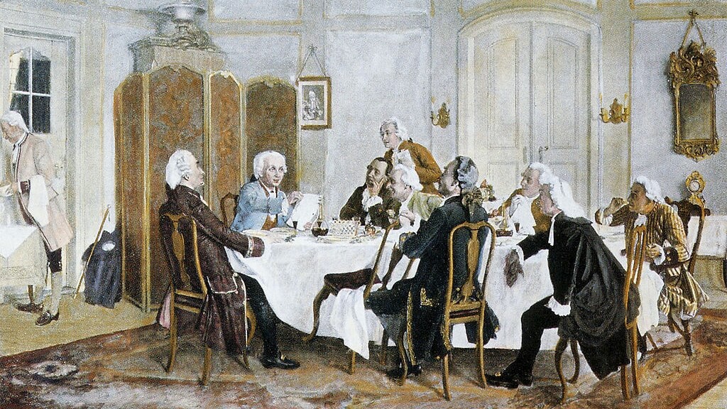 Emil Doerstling, Kant und seine Tischgenossen, kolorierter Holzstich nach dem zerstörten Gemälde © Wikipedia, gemeinfrei