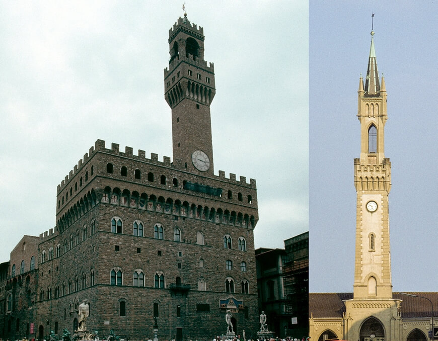 Montage Turm des Palazzo Vecchio in Florenz und Turm des Bahnhofsgebäudes in Konstanz © Dieter Heise