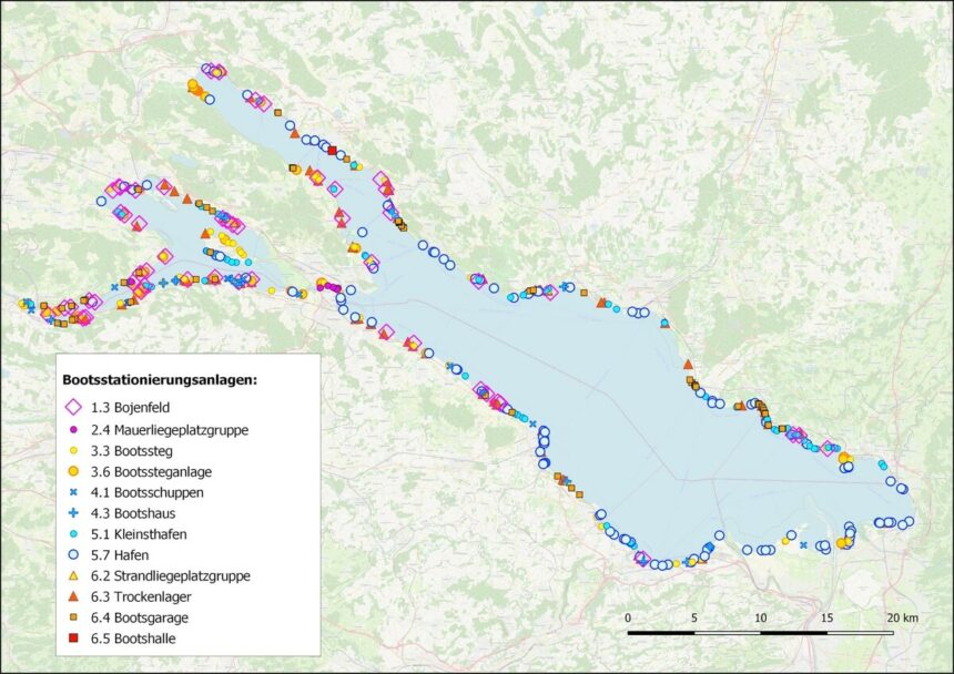 Räumliche Verteilung der Bootsstationierungsanlagen am Bodensee (Übersicht), © J. und W. Ostendorp (Kartengrundlage: © OpenStreetMap contributors (OSM)/ OpenStreetMap-Lizenz)