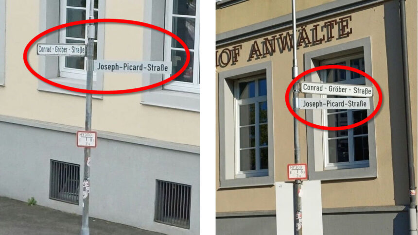 Doppelbild straßenumbenennung gröber in picard mit streifen und markierung